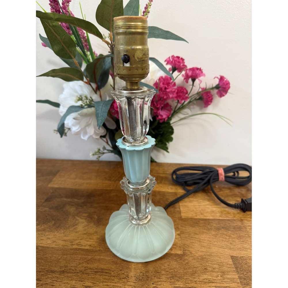 Vintage Art Deco‎ Frosted Glass Table Lamp Blue and Clear Glass Brass Fittings